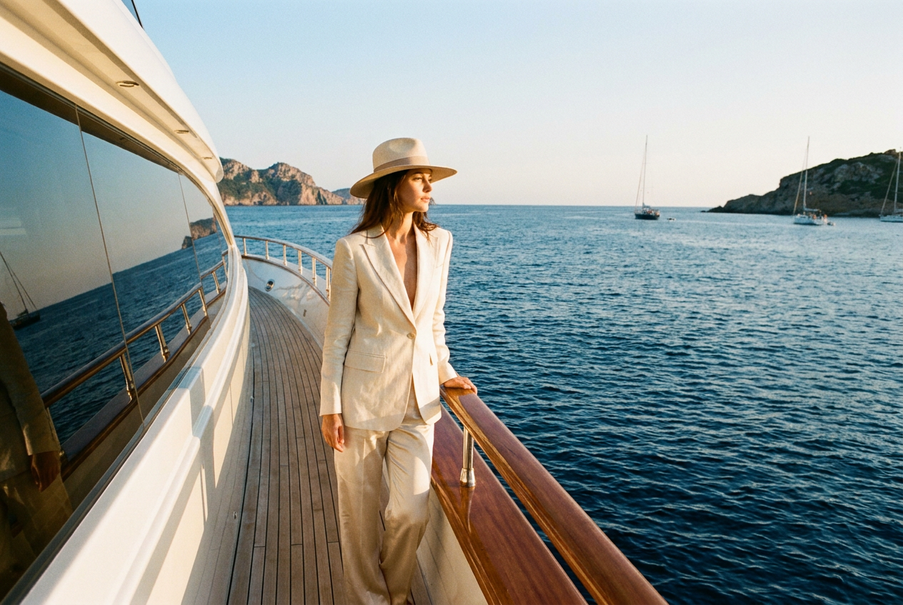 A woman standing on a luxury yacht deck created with Lyvoriia AI lifestyle generator.