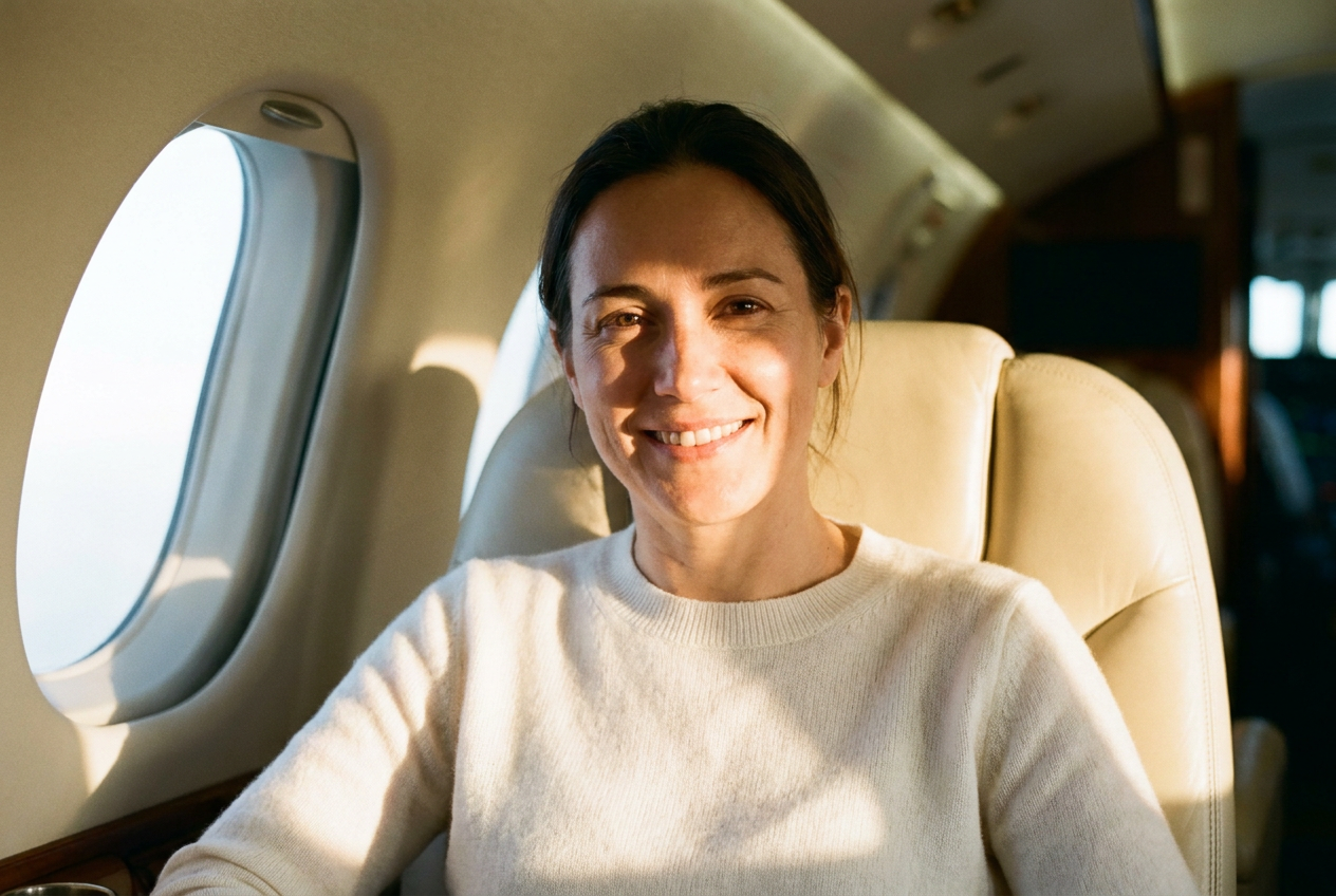 Detailed 4K AI generation of a woman in a private jet cabin illustrating the realism of Lyvoriia.