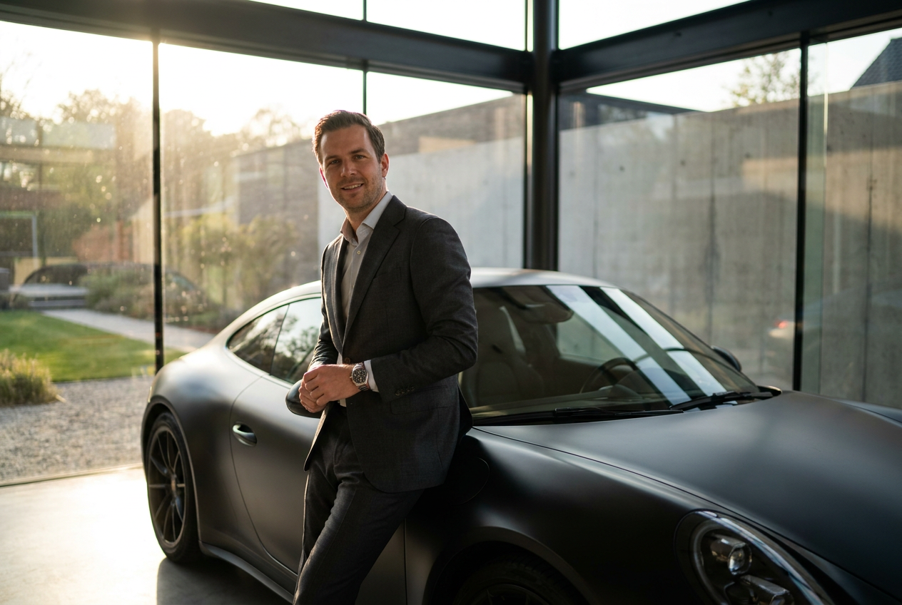 A realistic luxury lifestyle photo created by Lyvoriia showing a man with a supercar in a modern garage.