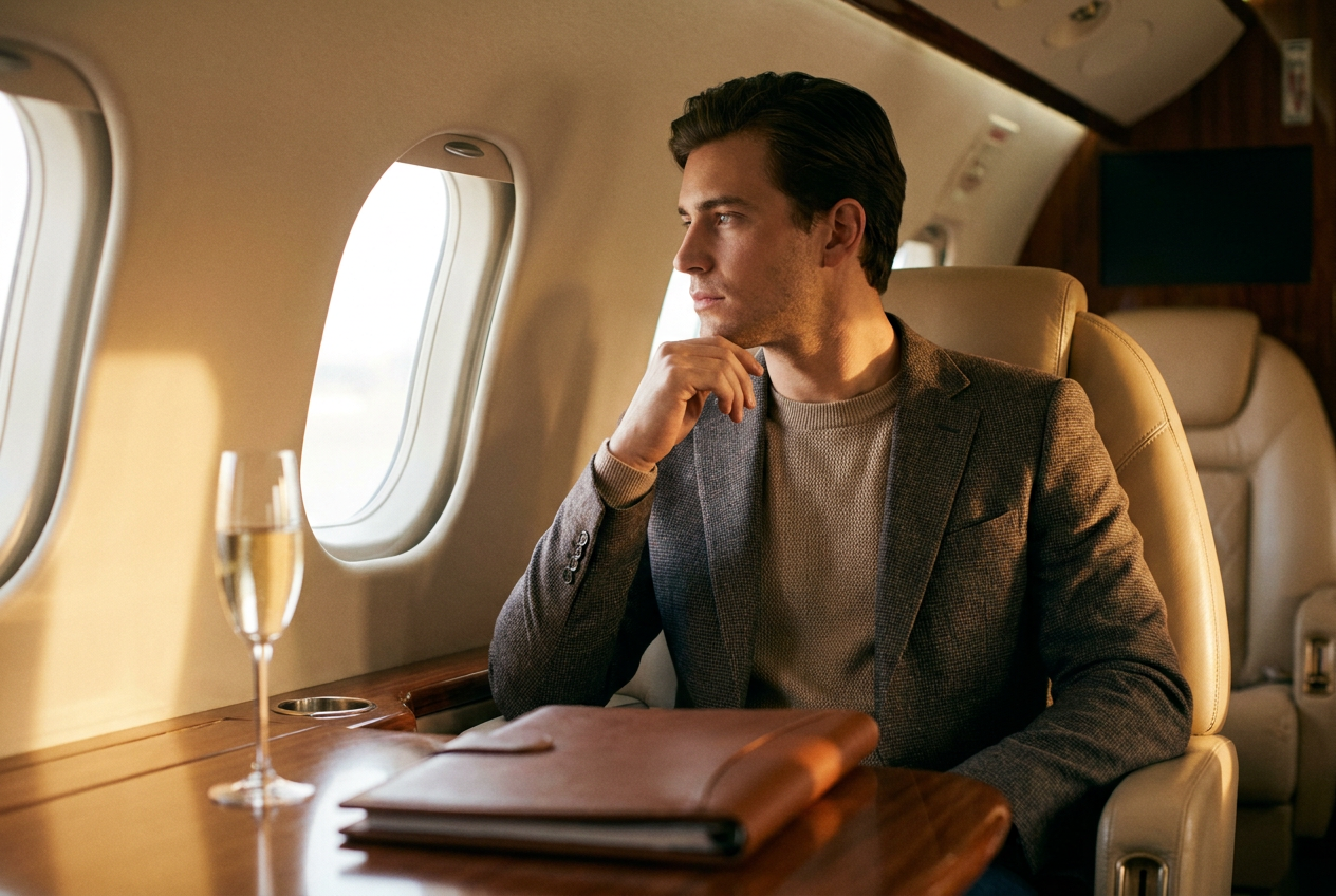 A realistic lifestyle photo of a man in a private jet created by the Lyvoriia AI TikTok photo generator.