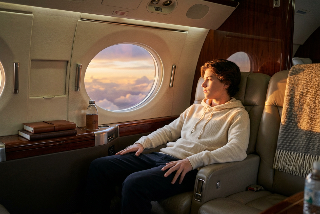 Photoreal 4K lifestyle photo of a teen in a private jet cabin created by Lyvoriia AI.