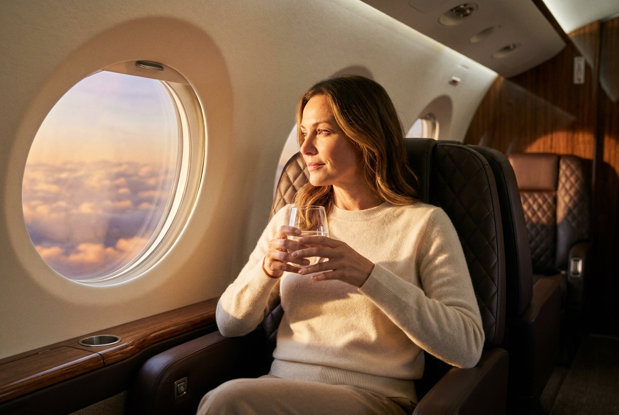Realistic AI lifestyle photo of a woman in a private jet created using Lyvoriia's advanced AI engine.