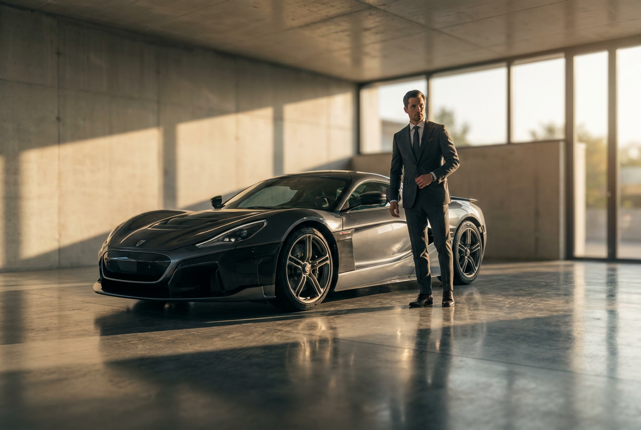 A high-fidelity AI realistic photo generator result from Lyvoriia featuring a luxury supercar and professional attire.