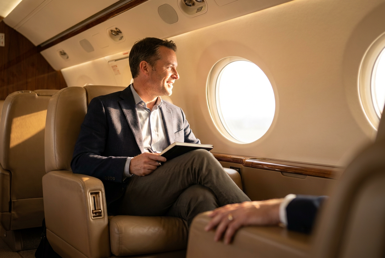 A realistic lifestyle photo of a man in a private jet created by the Lyvoriia AI youtube photo generator.