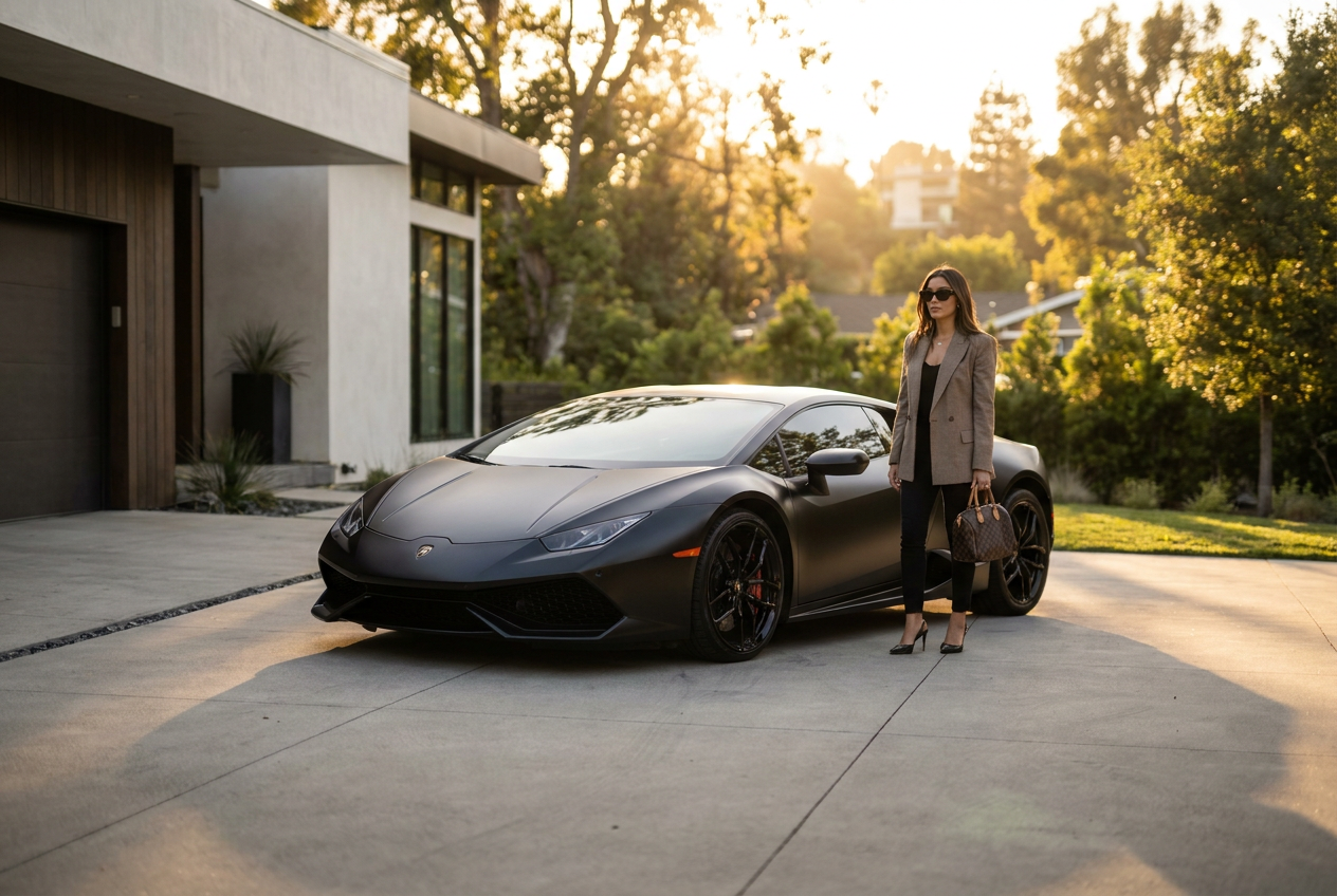 A woman standing by a luxury supercar generated by Lyvoriia, demonstrating photorealism for YouTube thumbnails.