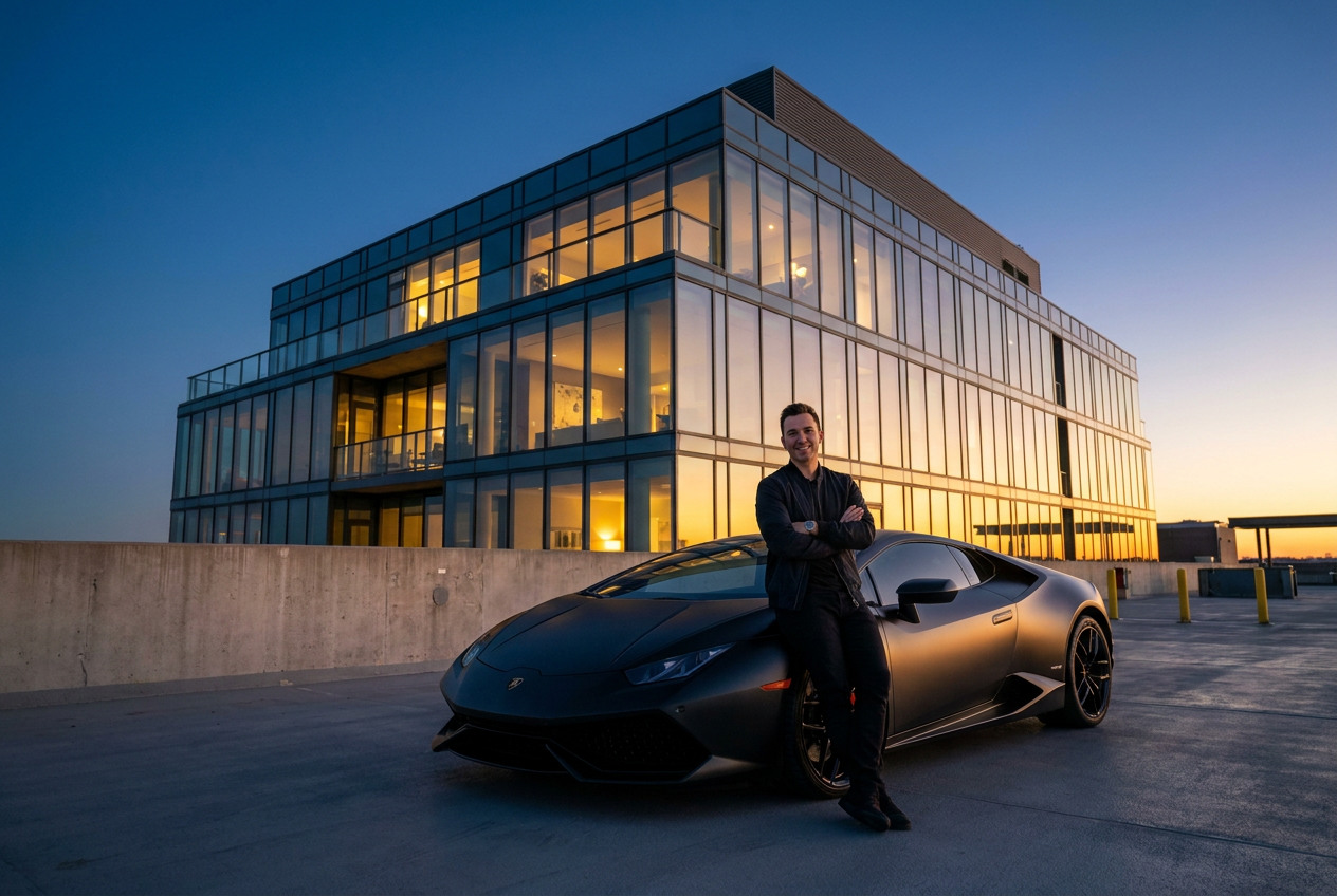 A high-quality 4K lifestyle photo generated by Lyvoriia featuring a supercar and luxury penthouse for a YouTube thumbnail.