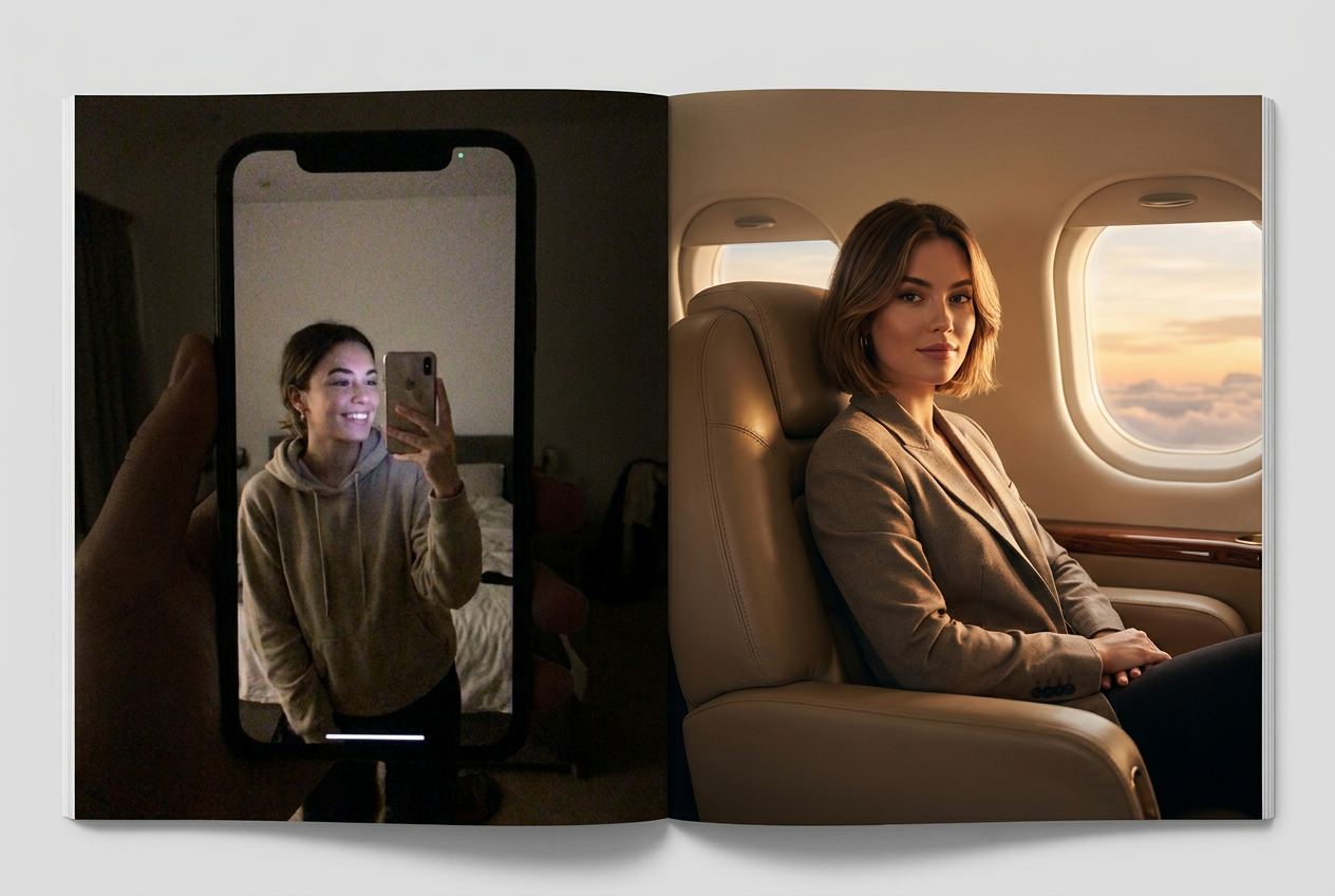 Comparison of a selfie transformed into a luxury private jet photo using Lyvoriia ai youtube photo generator.