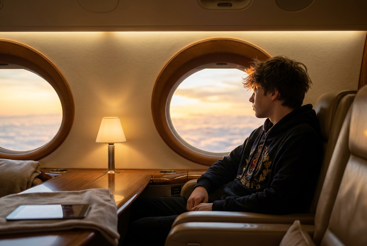A realistic 4K photo of a teenager on a private jet generated by Lyvoriia.