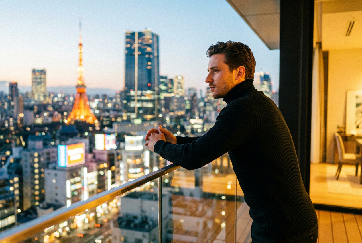 Man standing on a luxury penthouse balcony overlooking a neon city skyline, generated by Lyvoriia.