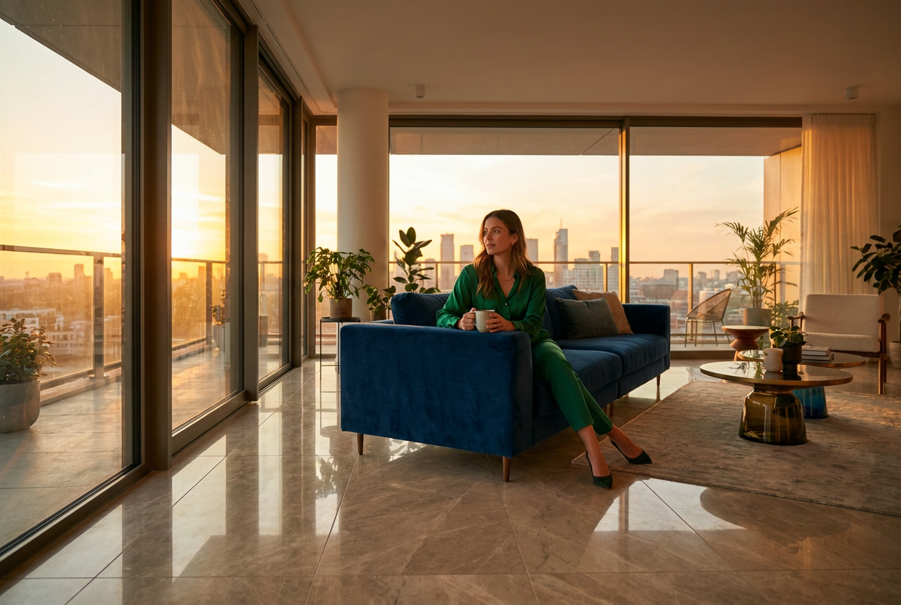 High-fashion woman in a luxury penthouse at sunset with city views, created with Lyvoriia.