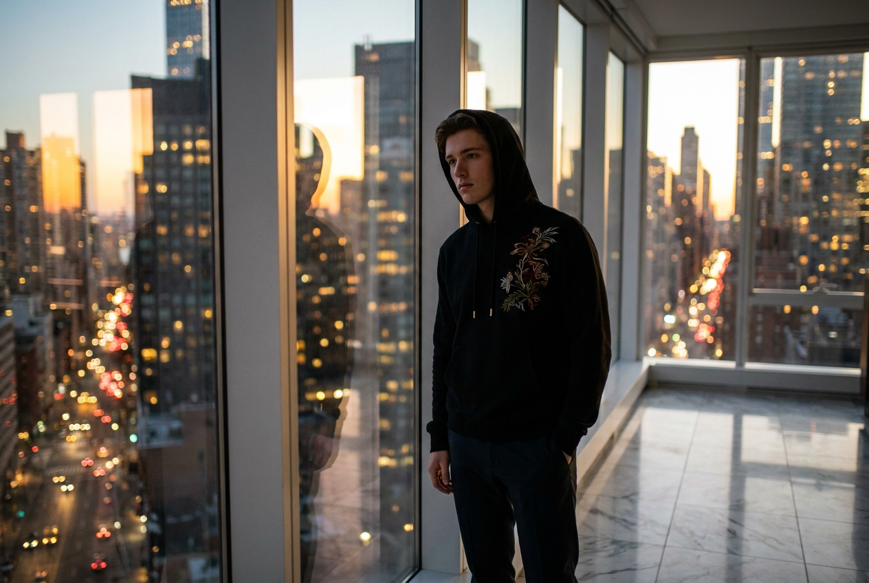 A stylish young man in a luxury penthouse overlooking the New York City skyline at night, created by Lyvoriia AI.