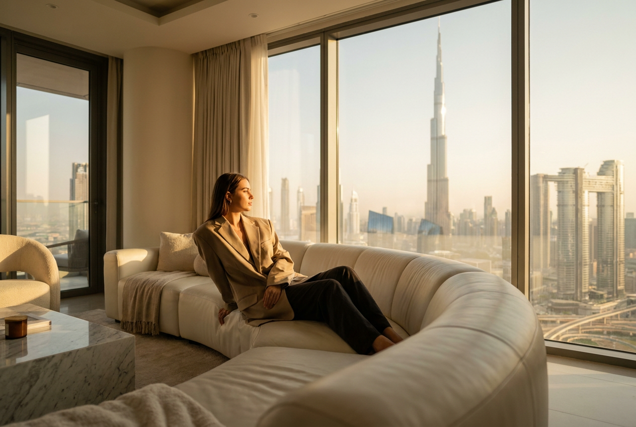 A fashionable woman relaxing in a luxury Dubai penthouse with a stunning sunset view, generated by Lyvoriia AI.