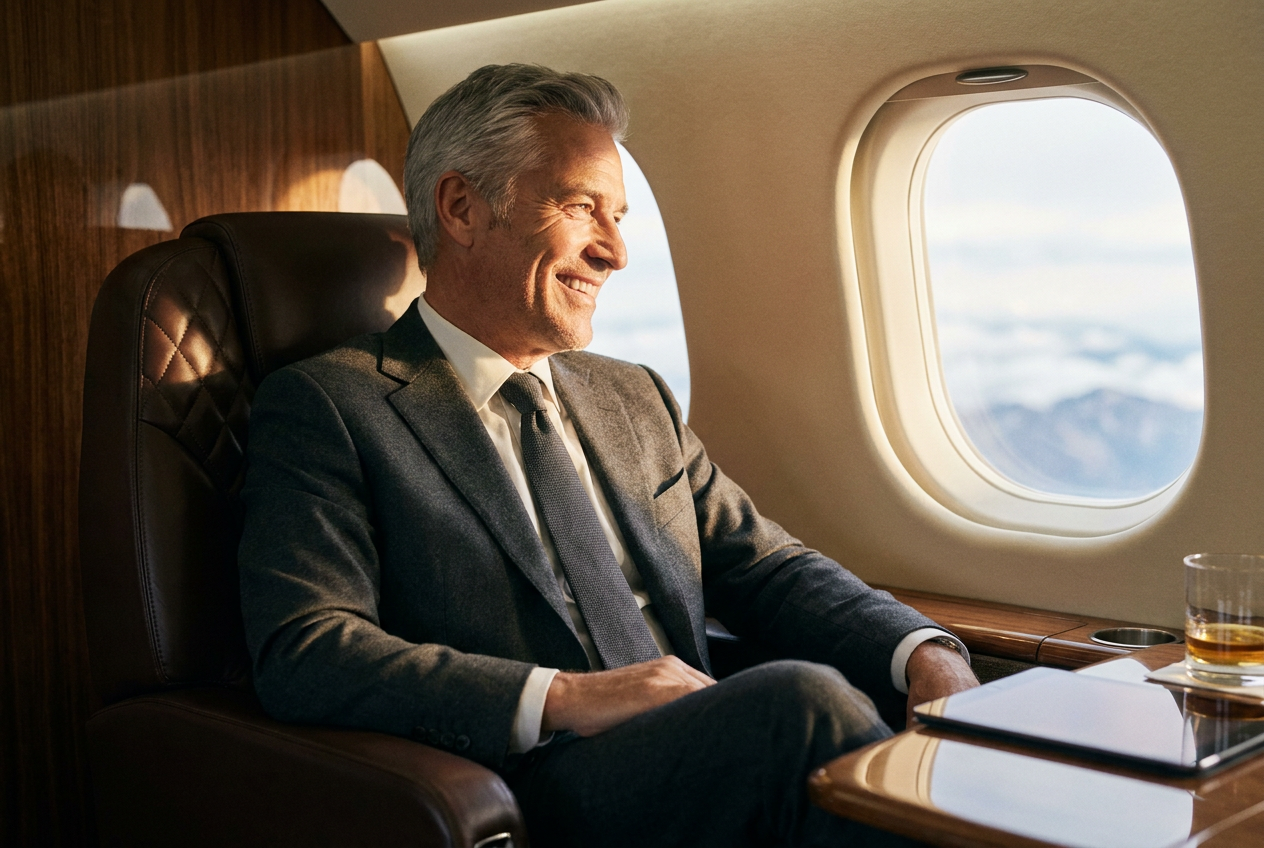 A realistic AI-generated photo of a man in a private jet, showing the high-quality results of Lyvoriia.