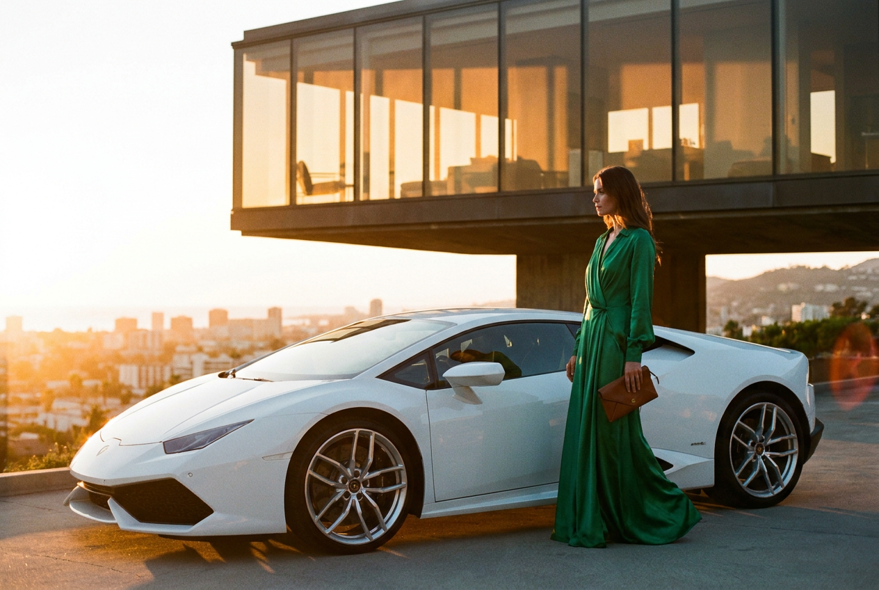 A luxury lifestyle image created by the Lyvoriia AI luxury photo generator featuring a supercar and penthouse.