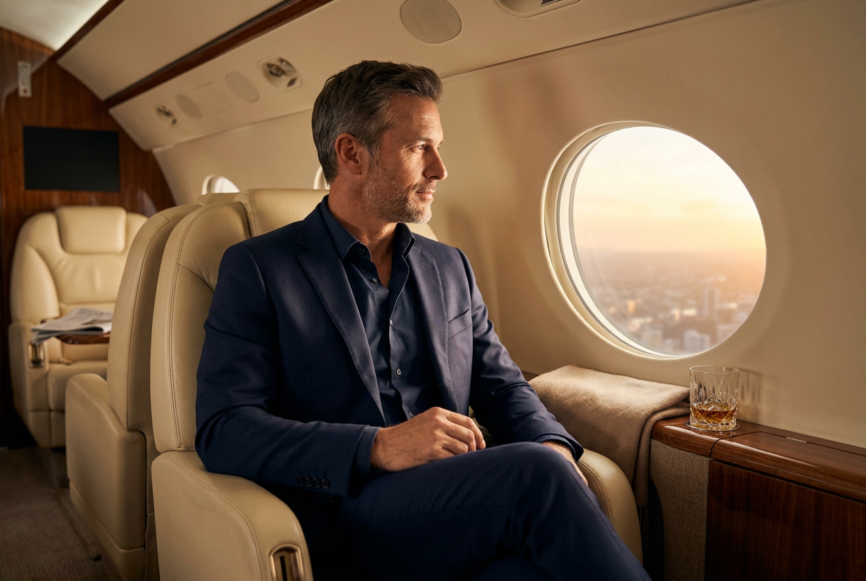 A realistic AI private jet photo generated by Lyvoriia showing a man in a luxury cabin.