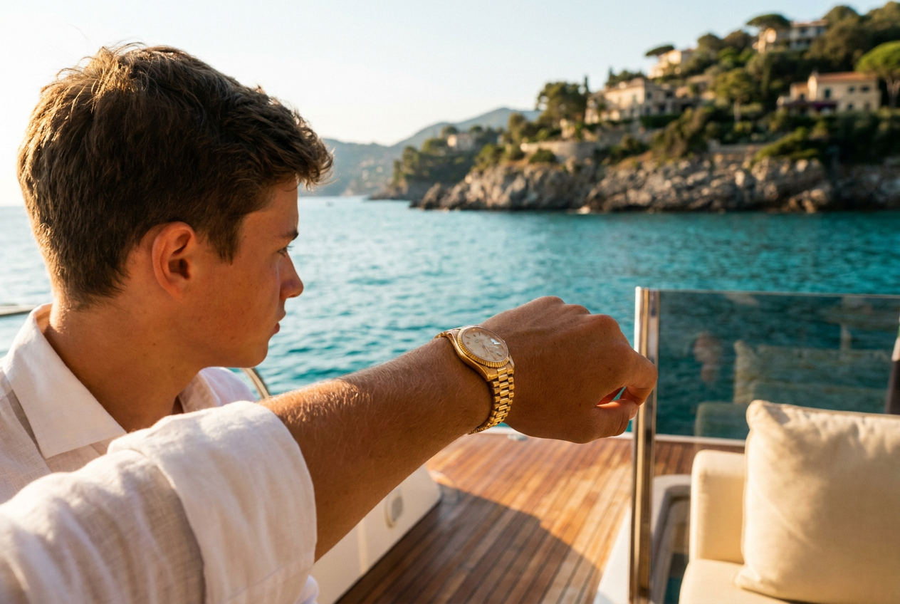 A hyper-realistic 4K lifestyle photo generated by Lyvoriia showing a teen on a luxury yacht in Italy.