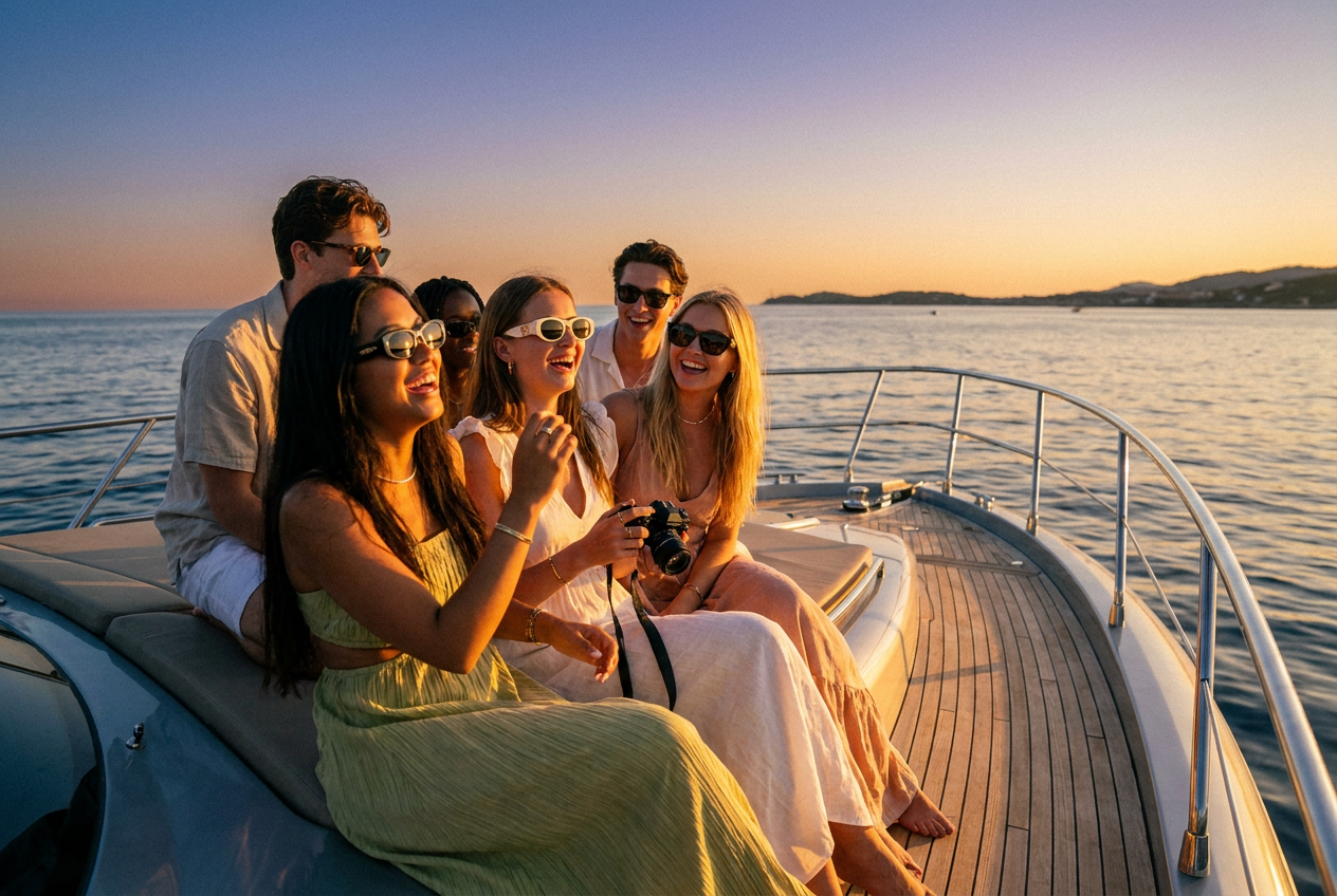 A group of friends enjoying a luxury yacht trip, rendered in 4K photorealism by Lyvoriia AI.