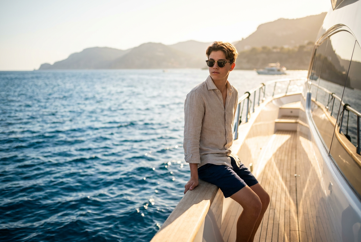 A hyper-realistic 4K lifestyle photo of a teen on a luxury yacht at sunset, created by Lyvoriia AI.