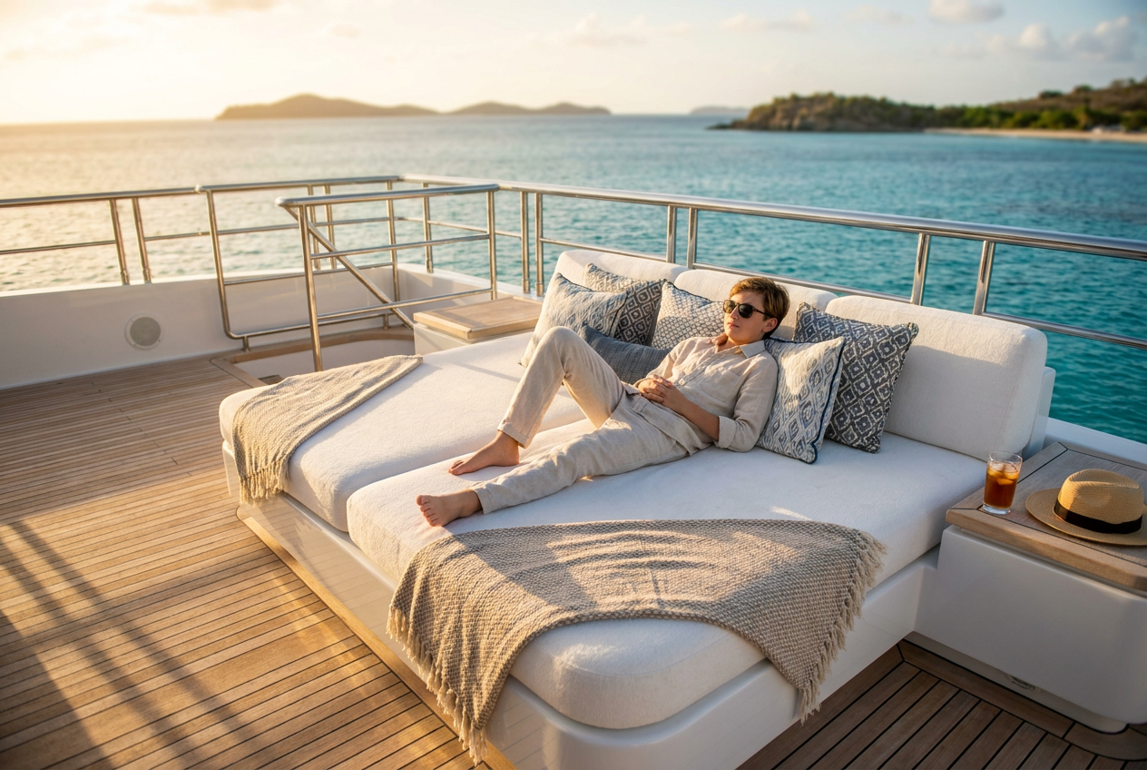 A stunning 4K photoreal AI image of a teenager lounging on a superyacht deck, generated by Lyvoriia.