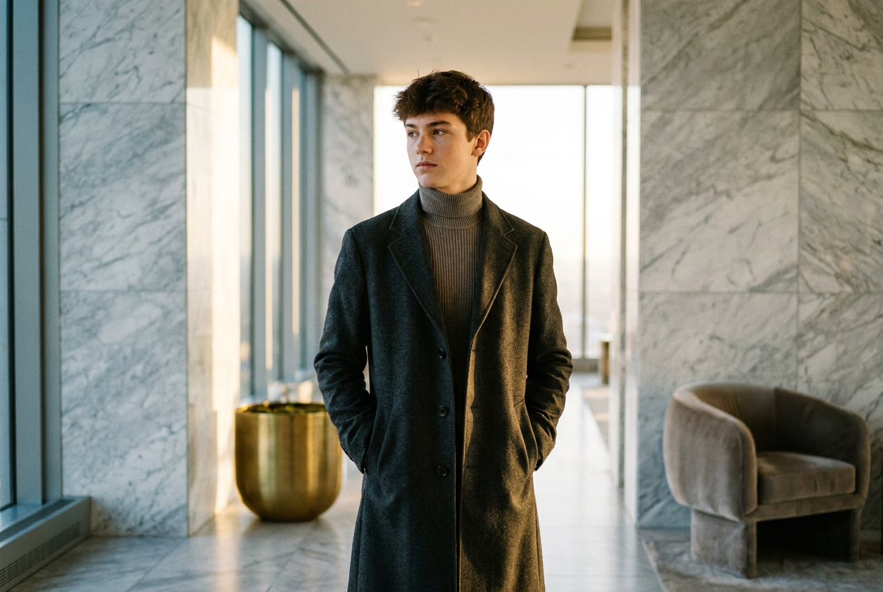 Photoreal lifestyle photo of a teen in a luxury overcoat created with Lyvoriia AI.