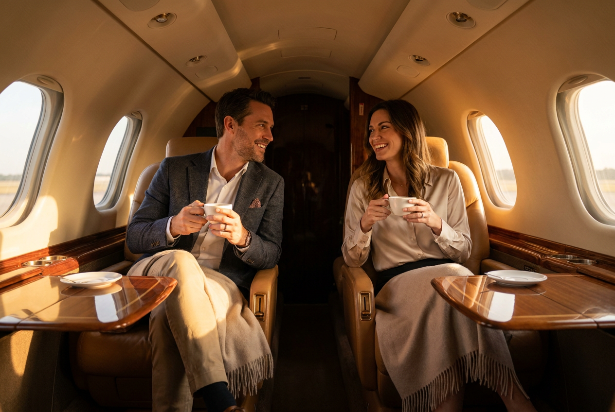 A realistic AI-generated photo of a couple in a private jet created by the Lyvoriia AI photo generator.
