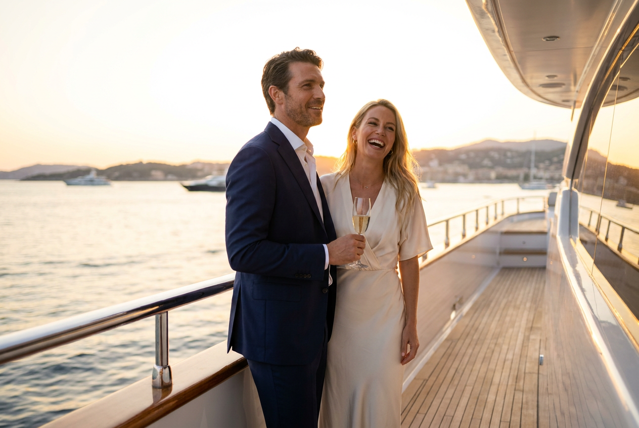 Man and woman on a luxury yacht at sunset, demonstrating how to add someone to a photo ai with Lyvoriia.
