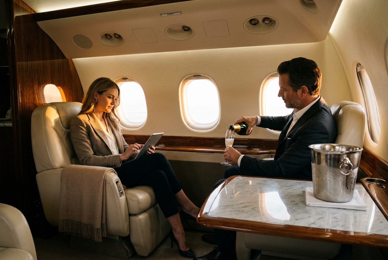 Two people in a private jet generated by Lyvoriia, showcasing the ability to add someone to a photo ai seamlessly.
