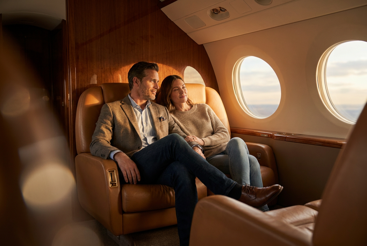 A realistic AI-generated photo of a couple in a private jet, showing how to add someone to a photo ai with Lyvoriia.