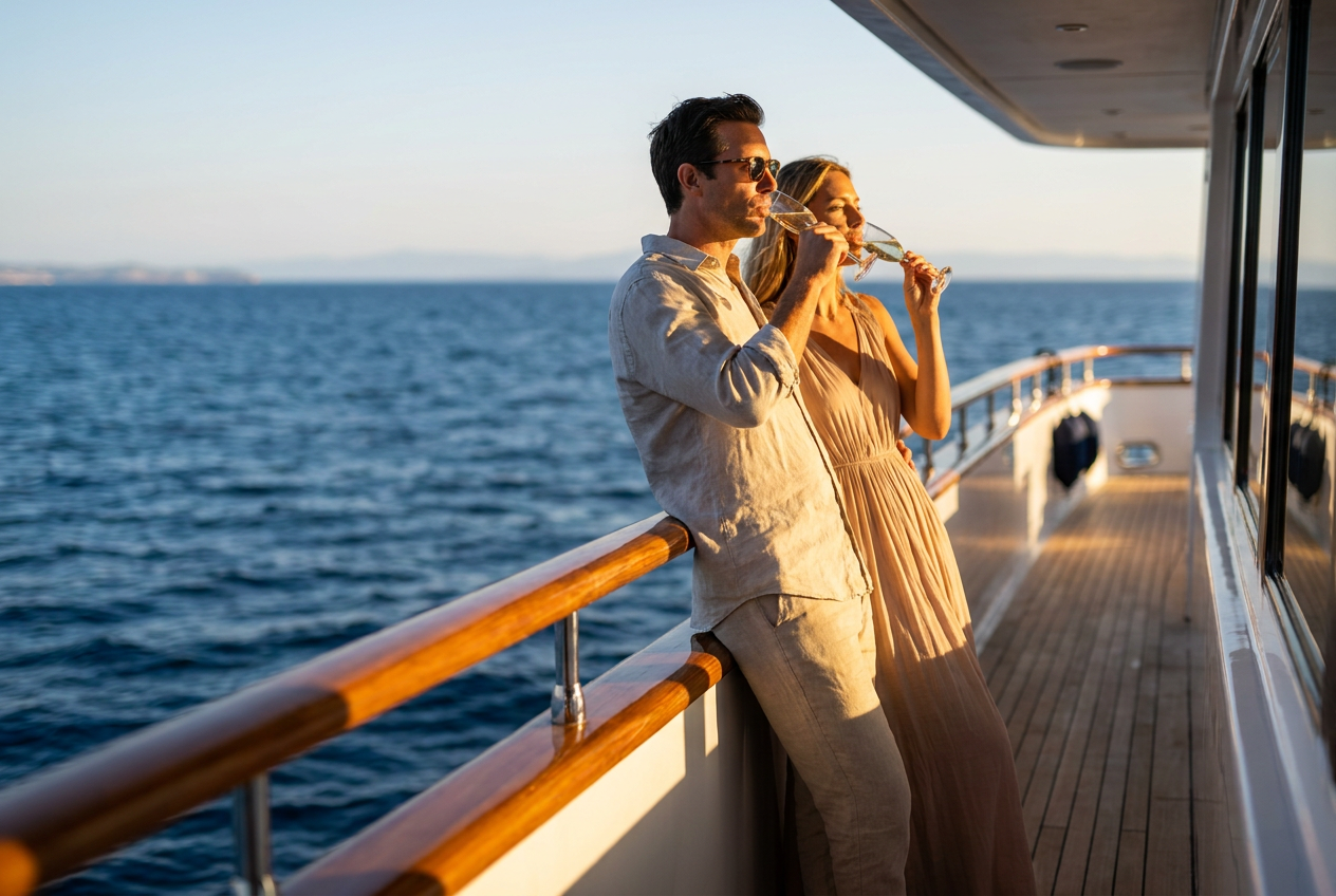 Two people on a luxury yacht deck, demonstrating the photorealism of the Lyvoriia AI lifestyle photo generator.