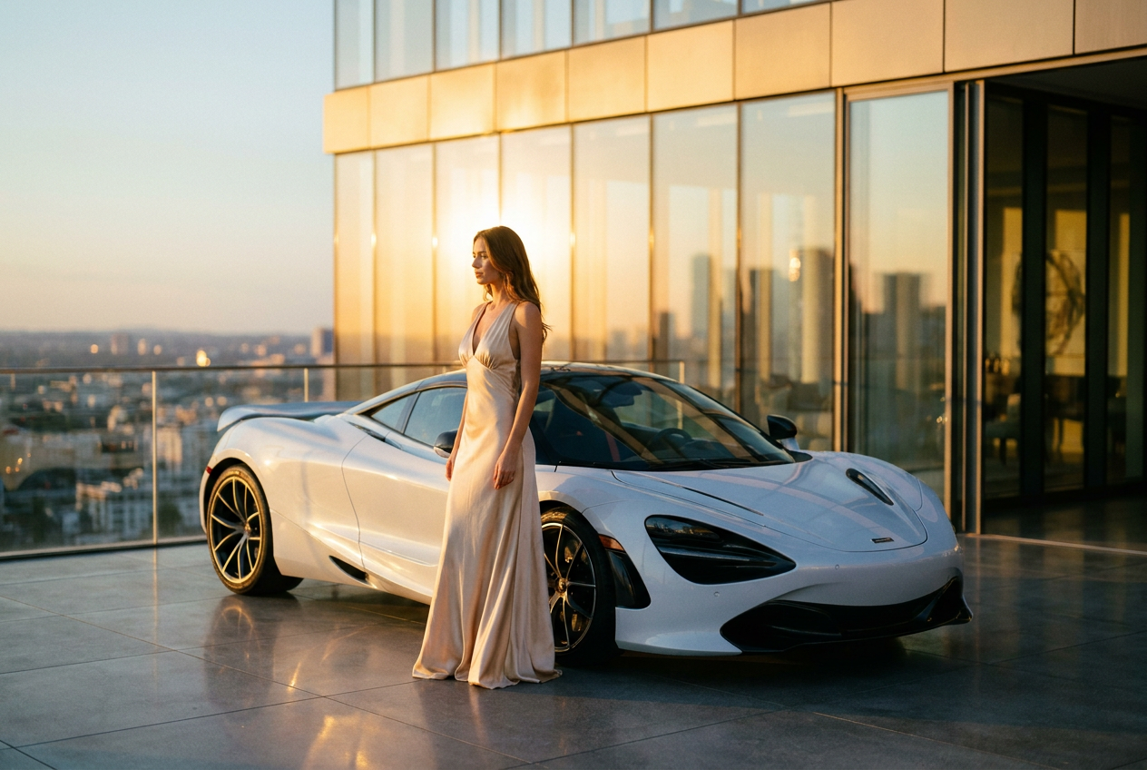 Photoreal AI luxury Instagram photo of a woman with a supercar and penthouse by Lyvoriia.