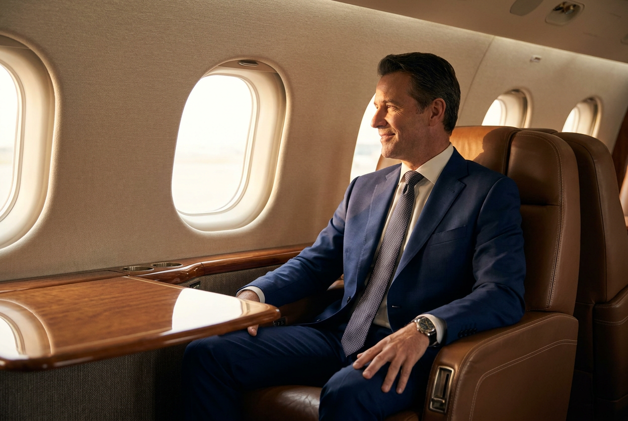 A realistic luxury private jet interior featuring a man in a suit generated by Lyvoriia AI.