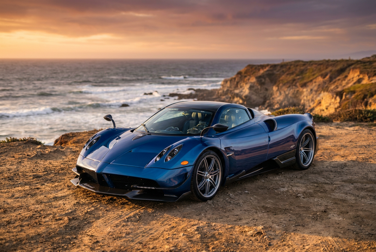 A realistic luxury supercar at sunset on a coastal road generated by Lyvoriia AI.
