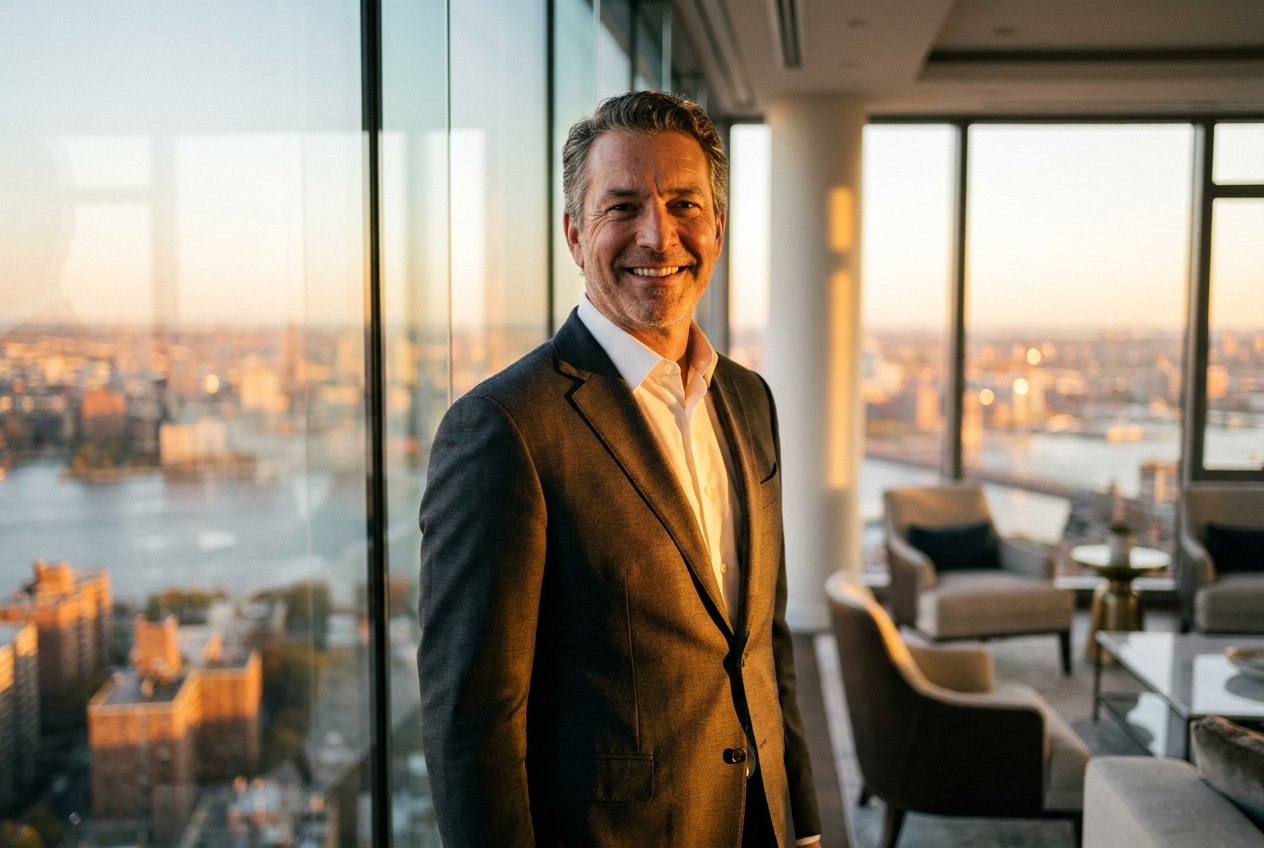 A professional 4K business headshot in a luxury penthouse created by Lyvoriia AI headshot generator.