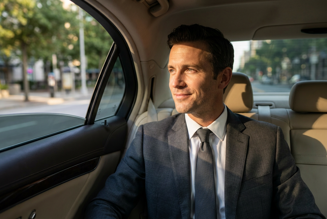 A realistic 4K lifestyle photo of a man in a luxury car generated by Lyvoriia AI photoshoot generator.