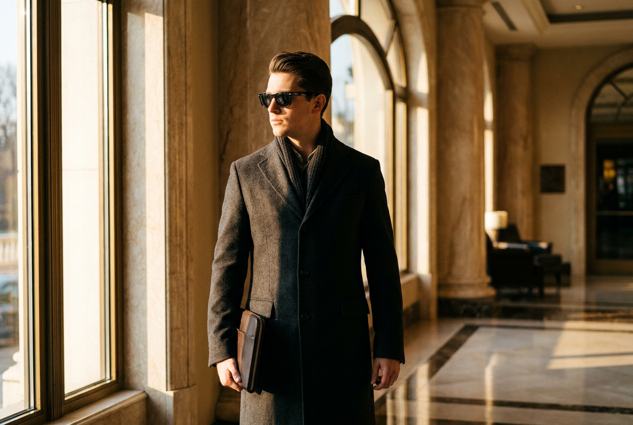 A stylish young man in a luxury wool coat generated by Lyvoriia AI lifestyle photo generator.
