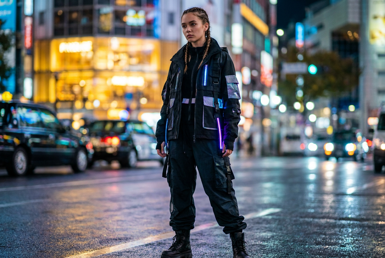 A young woman in high-fashion streetwear created using the Lyvoriia AI photo engine.