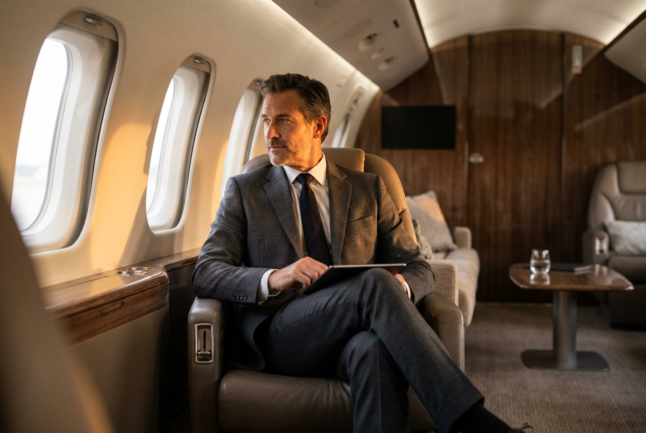 A man in a luxury private jet created with Lyvoriia AI personal branding photos.