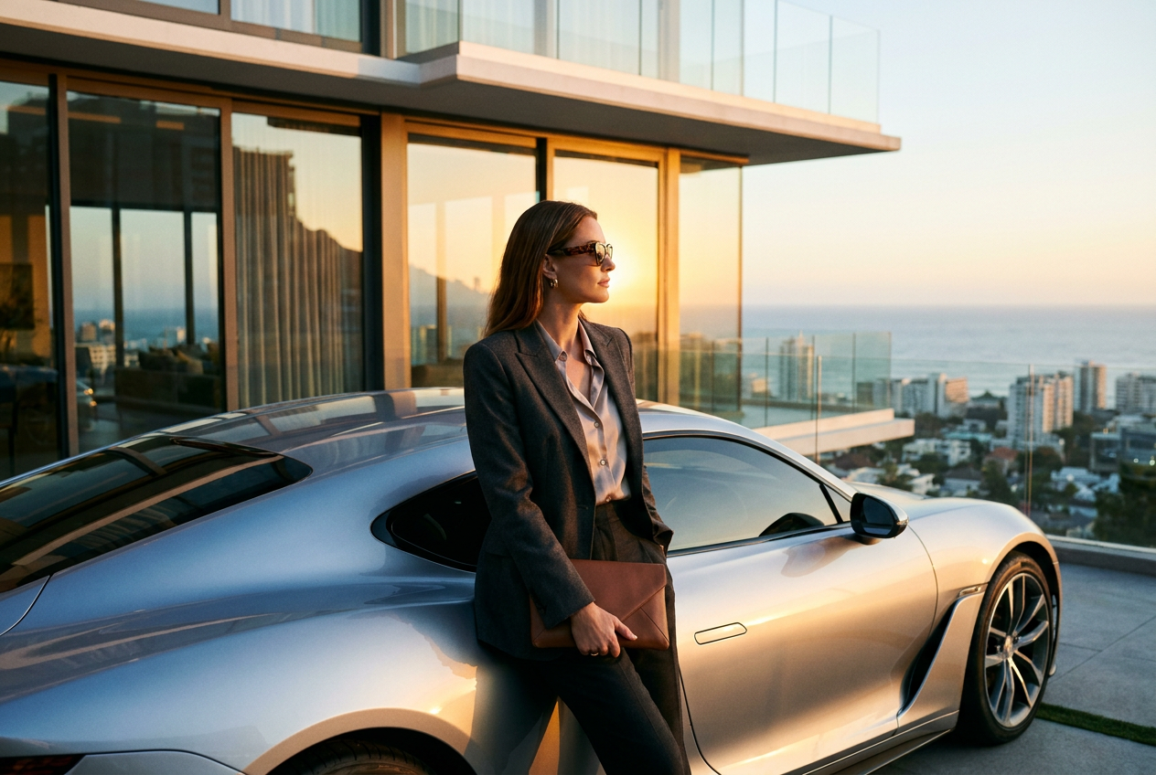 High-end lifestyle image featuring a supercar and penthouse generated by Lyvoriia.