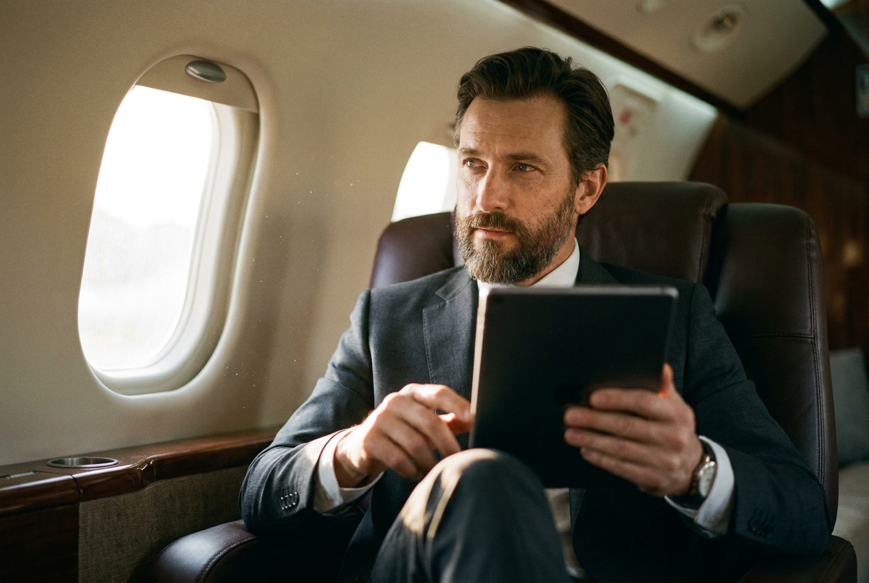 A professional man in a private jet created using Lyvoriia ai personal branding photos.