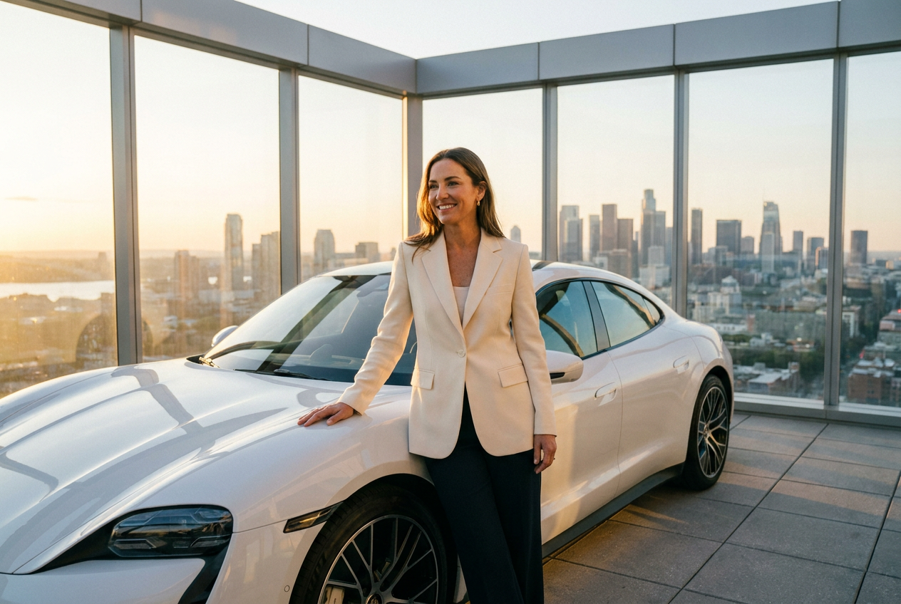 High-end lifestyle image of a woman and a supercar generated by Lyvoriia for ai personal branding photos.