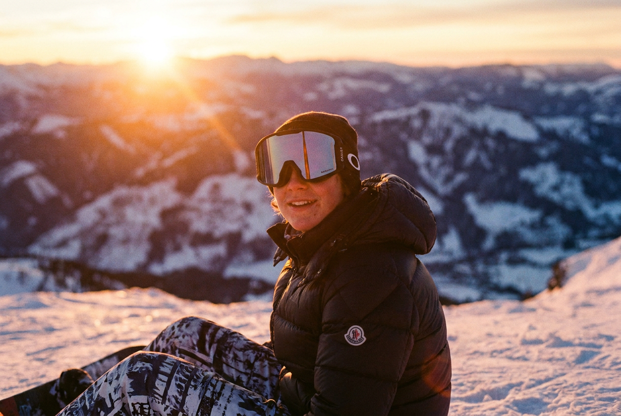 A stunning golden hour ski peak photo generated by Lyvoriia featuring luxury winter gear and 4K photorealism.
