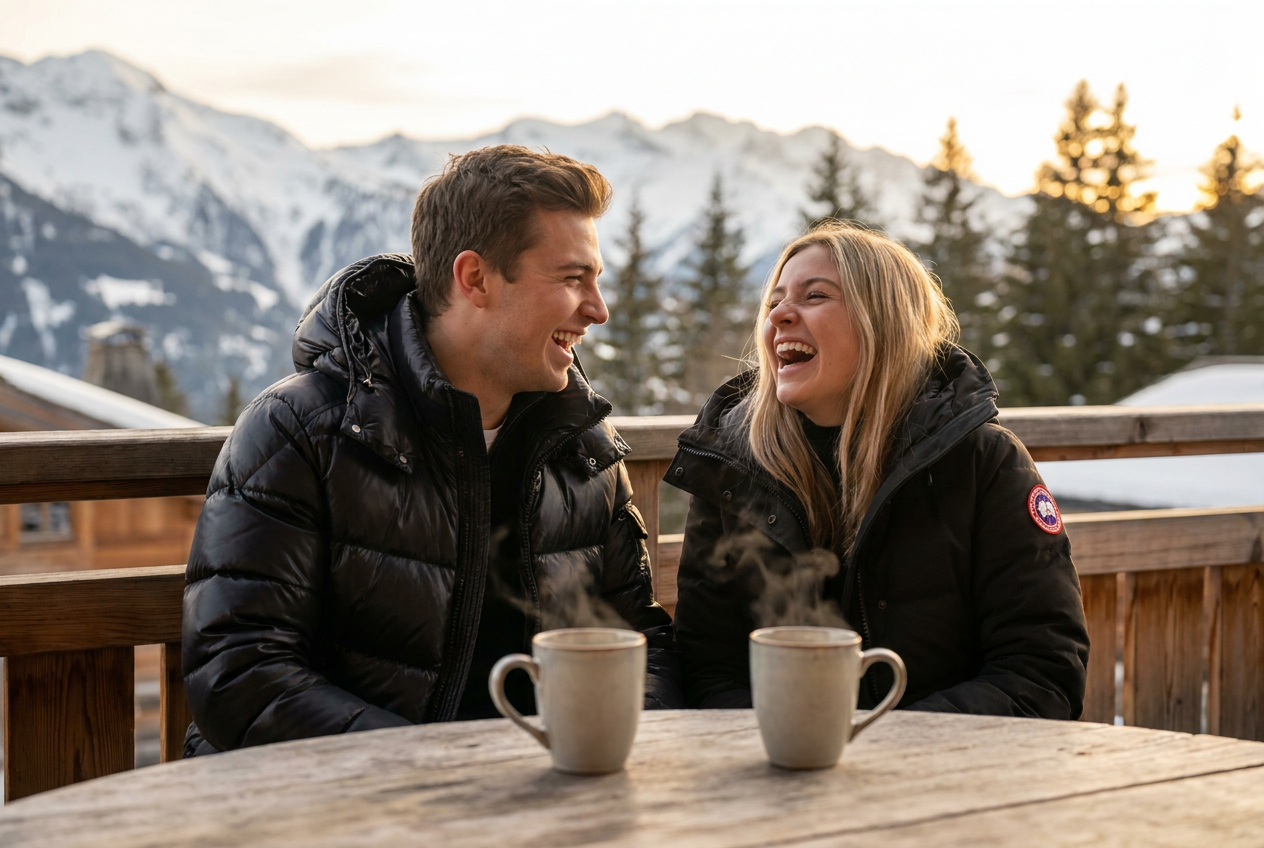 A high-end lifestyle shot of a couple at a ski resort created with Lyvoriia AI's autonomous engine.