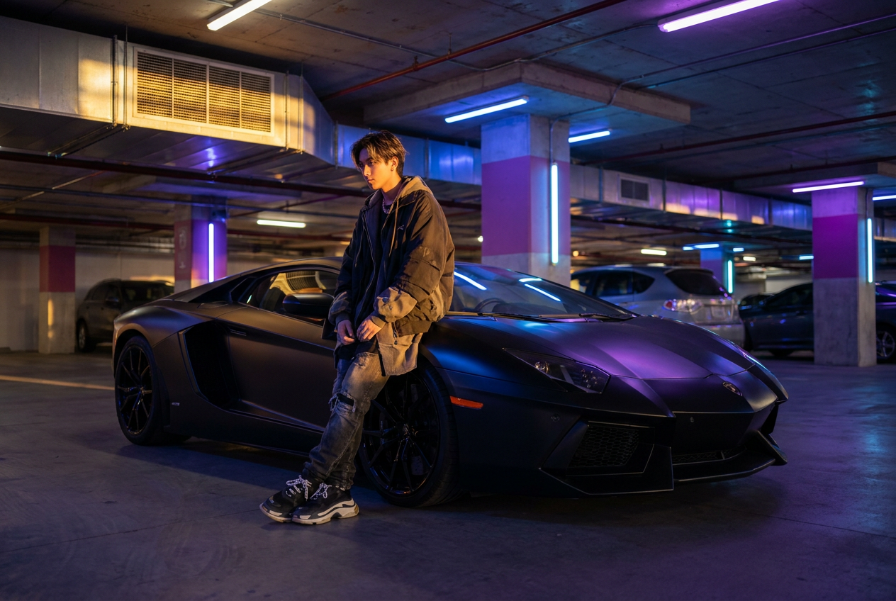 A teen leaning on a matte-black hypercar in a neon garage, created with Lyvoriia's 4K AI.