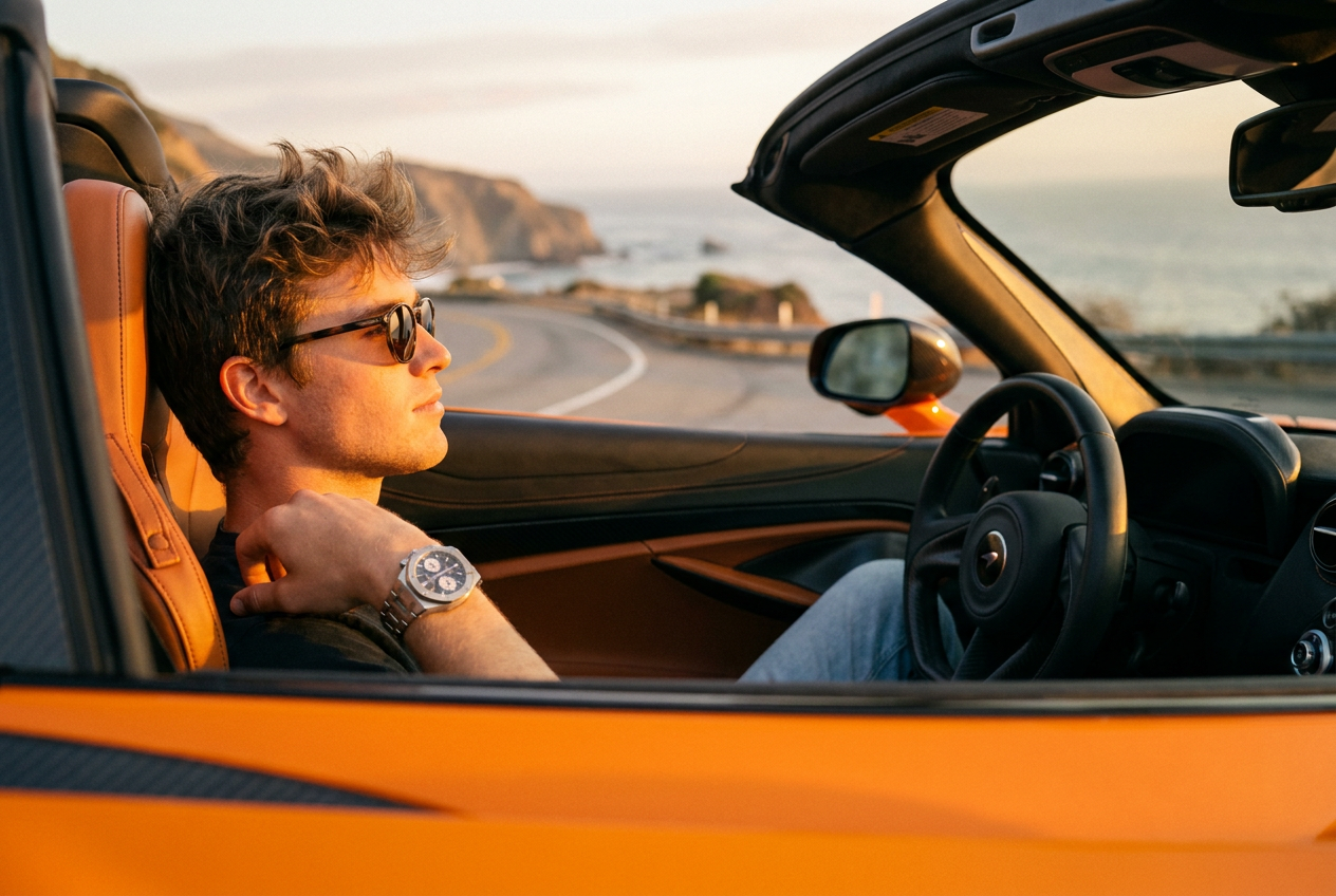 A high-end supercar interior lifestyle shot with golden hour lighting by Lyvoriia.