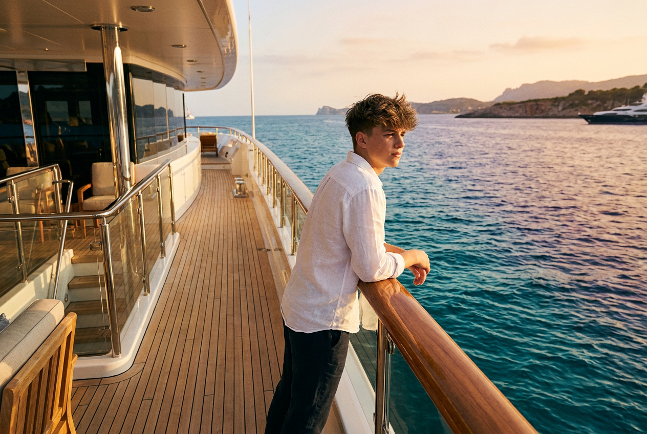 A realistic 4K lifestyle photo by Lyvoriia showing a teen on a luxury yacht deck during a Mediterranean sunset.