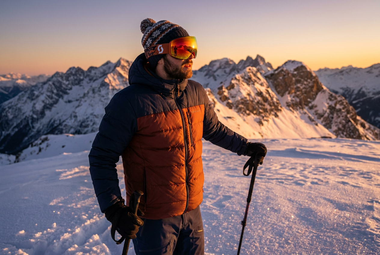 A photoreal 4K ski flex created with Lyvoriia, featuring designer gear and a golden hour mountain sunset.