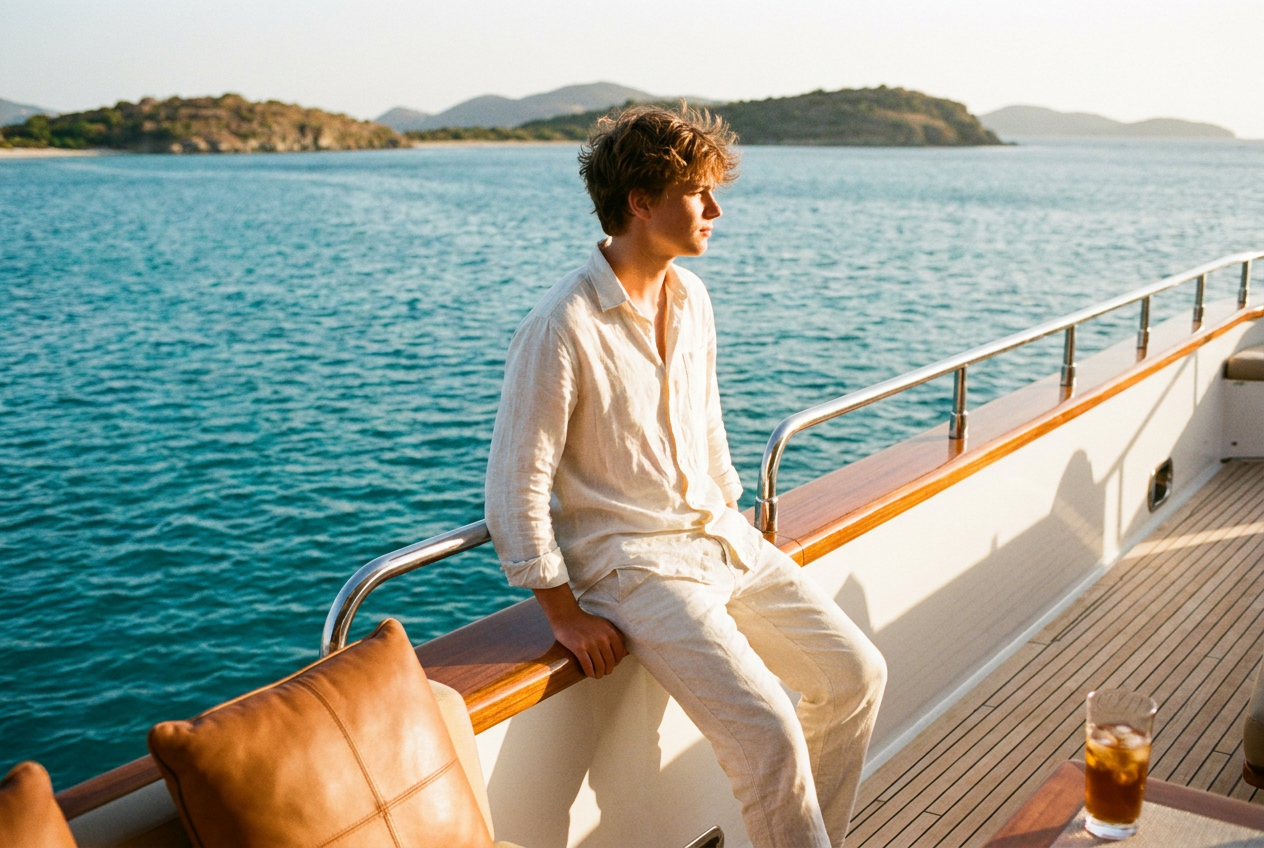 A luxury yacht lifestyle photo generated by Lyvoriia showing a teen at sea.