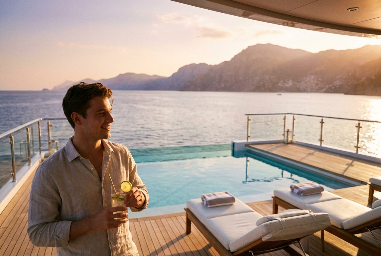 Photoreal 4K yacht deck scene with luxury amenities created by Lyvoriia.