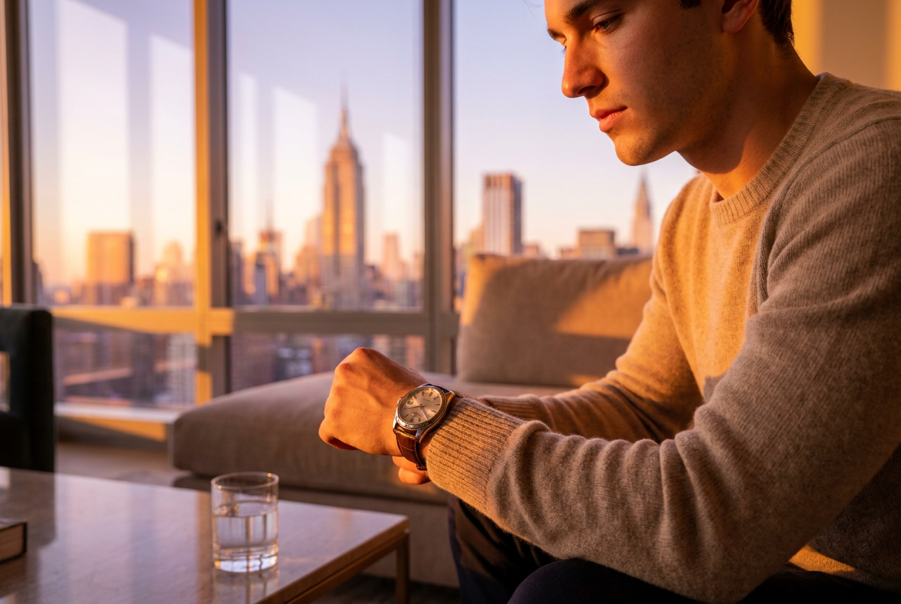Golden hour penthouse interior shot with city views created by Lyvoriia AI.