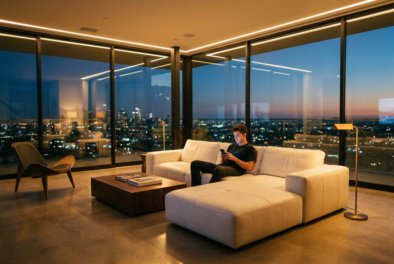 Ultra-HD city skyline and luxury penthouse interior created with Lyvoriia.